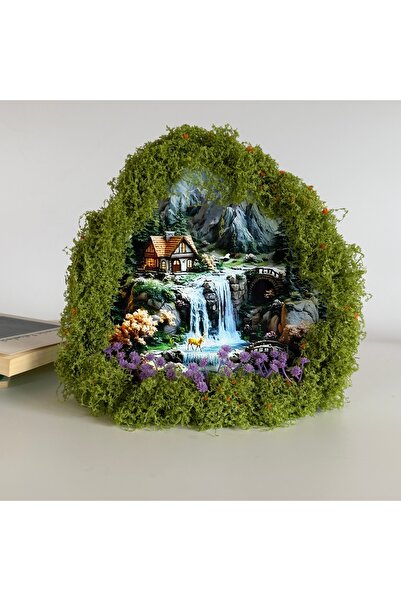 Mine Art El Yapımı Şelale ve Dağ Evi Manzaralı Dekoratif Obje
