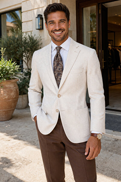 Sergio Ferraro Light Beige Houndstooth Pocket Italian Style S Slim Fit Classi...