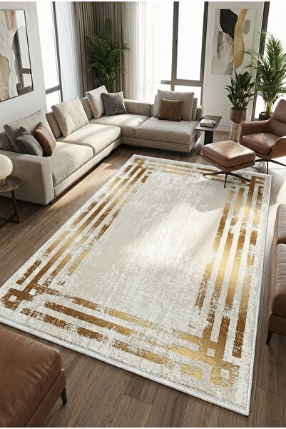 VOPTEKS Beyaz Gold Salon Halısı Makinede Yıkanabilir Halı Kaymaz Taban Halı