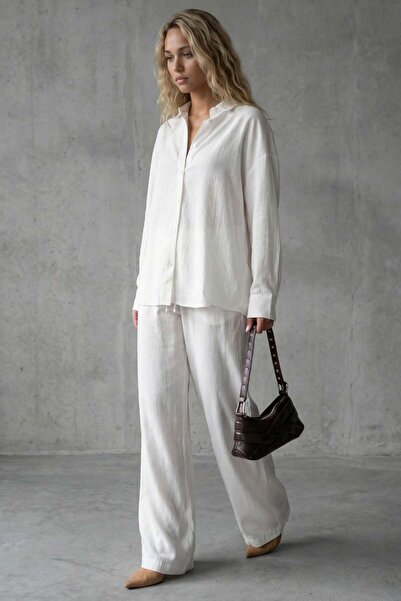 Madmext Cămașă de bază albă pentru femei Pantaloni Set dublu Mg2352