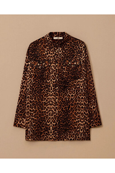 SEÇİL YENİ KADIN taş detaylı saten leopar gömlek 10002521511014