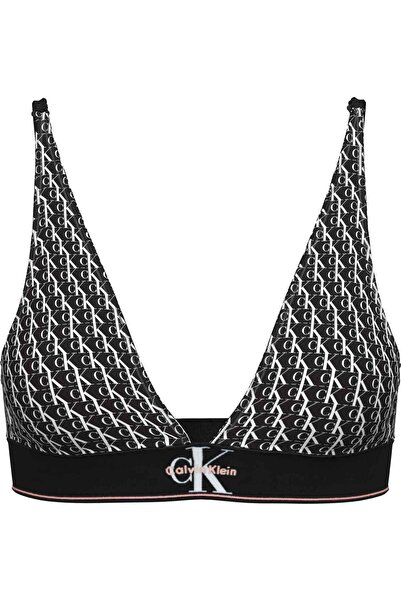 Calvin Klein Women's Logo Patterned Black Striped Triangle Bra with Elastic B...