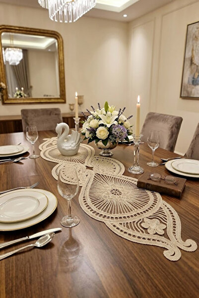 Çt Çeyizci Tekstil Fransız Dantel Detaylı Tek Runner, Masa Üzerine Runner, Ma...