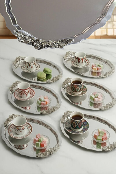 AHİR TİCARET 6 Adet Komple Gümüş Oval Model Gül Motifli Kahve-Çay Sunum Tepsi...