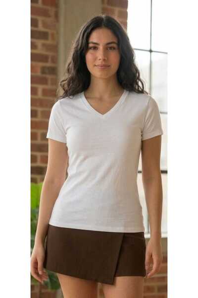 ZUM Γυναικείο μπλουζάκι με λαιμόκοψη V, λευκό, στενή εφαρμογή, βαμβακερό, κον...