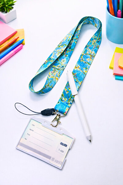 excarpin Van Gogh Badem Çiçeği Desenli Şık Üçlü Set | Boyun İpi, Yoyo, Kart Kabı