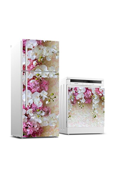 StickerArt Buzdolabı ve Bulaşık Makinası Beyaz Eşya Sticker Kaplama Beyaz Çiç...