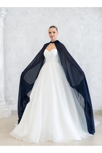 paris in paris CAFTAN-ROCHIE DE MIREASĂ DE ȘIFON ALBASTRU ÎNCHIS-CAPĂ DE ȘIFO...