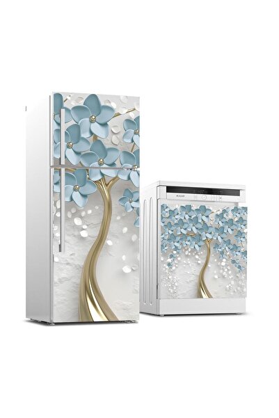 StickerArt Buzdolabı ve Bulaşık Makinası Beyaz Eşya Sticker Kaplama 3d Mavi Y...