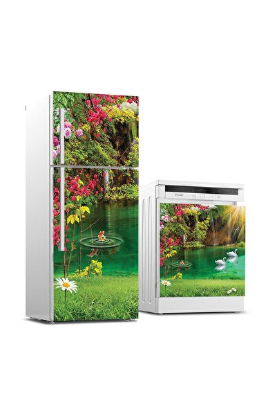 StickerArt Buzdolabı ve Bulaşık Makinası Beyaz Eşya Sticker Kaplama Göl Çiçek