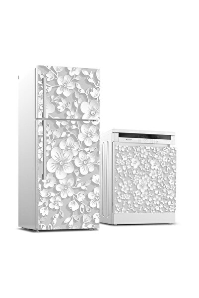 StickerArt Buzdolabı ve Bulaşık Makinası Beyaz Eşya Sticker Kaplama 3d Gri Çiçek