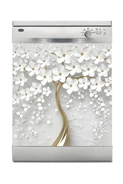 StickerArt Bulaşık Makinesi Sticker Kaplama Beyaz Eşya Kaplama 3D Beyaz Ağaç