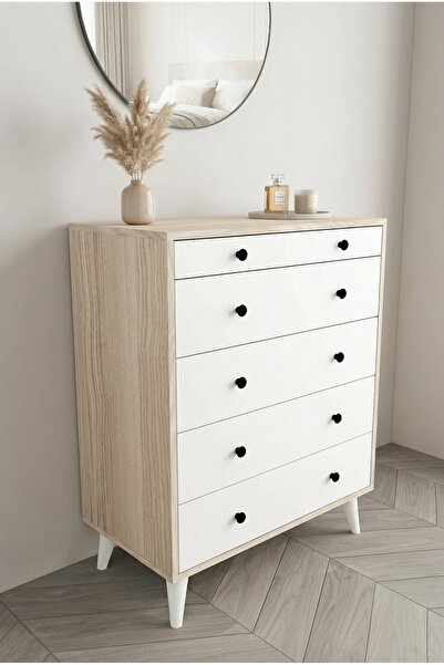 MONTENERO Şifonyer Cordoba Parlak Beyaz-kahverengi 5 Çekmeceli Country Şifony...