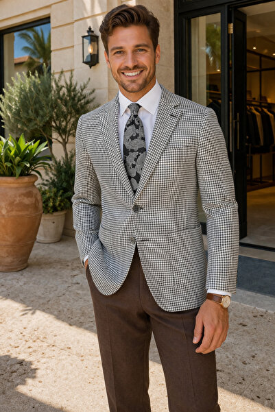 Sergio Ferraro Black Houndstooth Pocket Italian Style S Slim Fit Classic Men'...