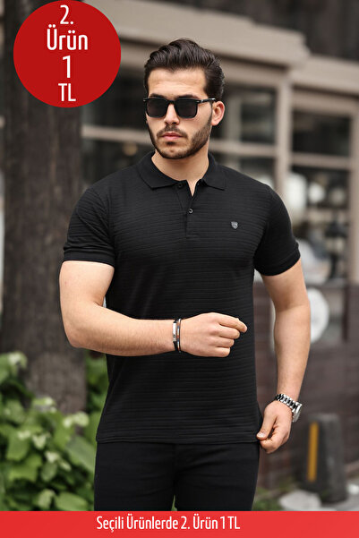 COMBİNE MİCHAİL  Erkek %100 Pamuklu Kumaş Slim Fit Kesim Siyah Polo Yaka T-shirt