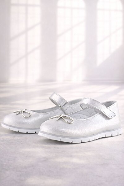 Rakerplus Genuine Leather Silver Velcro Ribbon Detailed Girls' Ballerinas