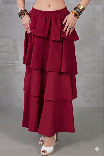 Pasaklı Giyim Women's Burgundy Layered Layered Skirt with Elastic Waist and L...