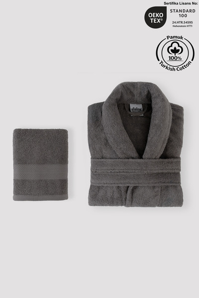 Ellaline طقم روب حمام 100% قطن معتمد من شالياكا طقم مناشف رأس 2 قطعة أنثراسايت