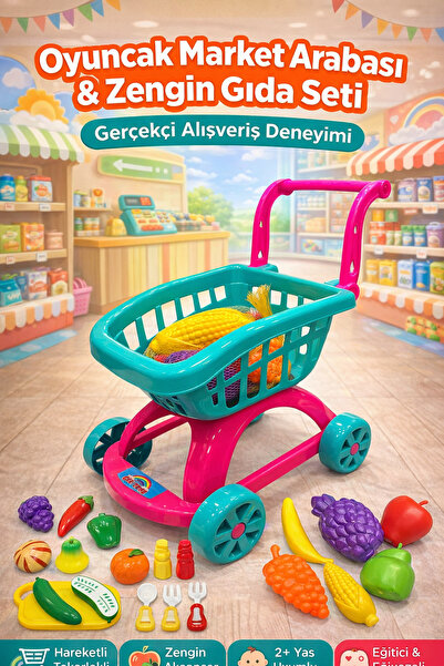 YILDIRIM OYUNCAK عربة تسوق 21 قطعة شبكية فواكه وخضروات وفواكه مقطعة 45 سم - م...