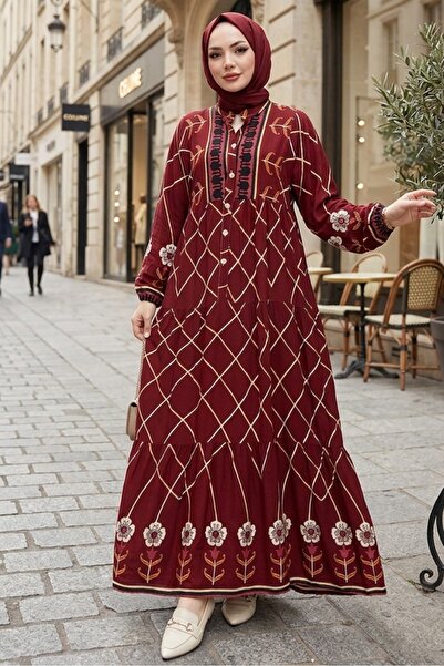 Bestenur فستان فيسكوز منسوج بأكمام نصف زر 1483 - أحمر كلاريت