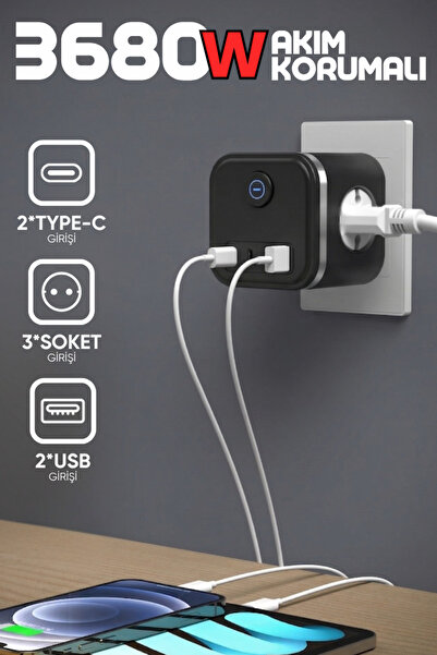 Enshall Yeni 3680W Pro Power 2xType-C ve 2x USB Girişli Anahtarlı 3lü Çoğaltı...