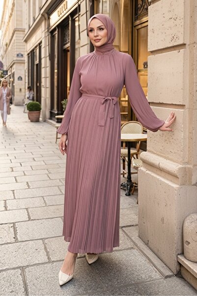 Bestenur فستان شيفون مبطن من الداخل مع حزام 1690 - بودرة