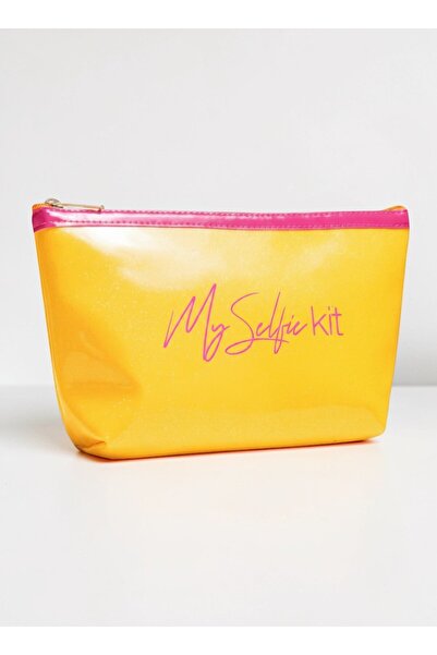 Juene حقيبة مكياج كبيرة مسطحة من الجلد اللامع باللونين الأصفر والوردي ذات حوا...