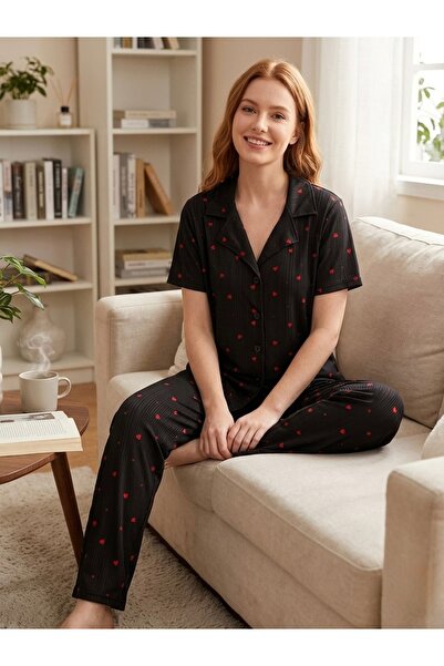 NOCHES PYJAMAS Women's Black Hearted Buttoned Short Sleeve Pegasus Pajama Set