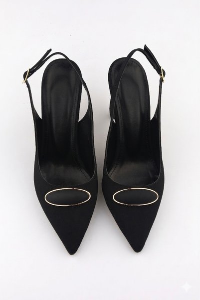 moon glow Women's Black Color Stone Stiletto Pointed Toe 9 cm Heel Ankle Strap Stylish Evening Dress Shoes New Season