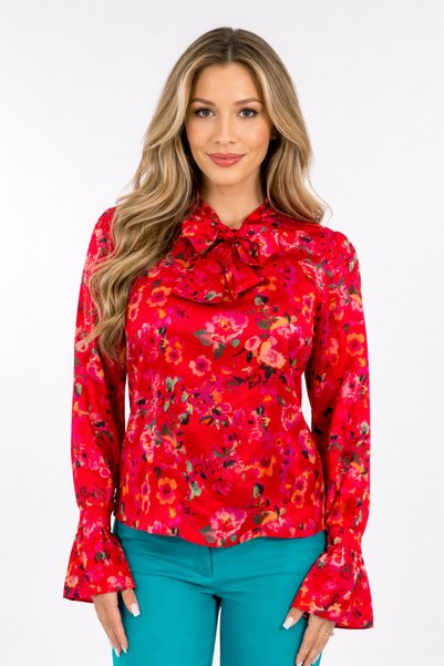 Gorgeaux Bluză roșie din satin cu imprimeu floral - L(40)