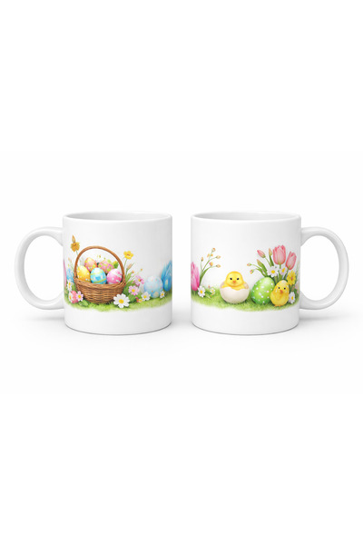 NO BRAND Happy Easter mug with spring flowers and painted eggs - minimalist gift
