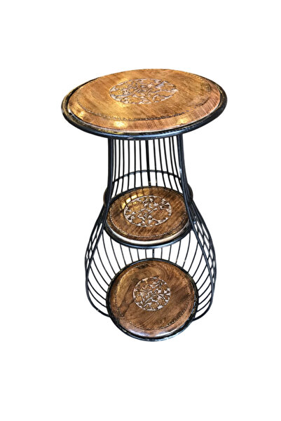 Otantik Çarşı Ahşap Ferforje 3 Katlı Sehpa 41x41x81 cm.