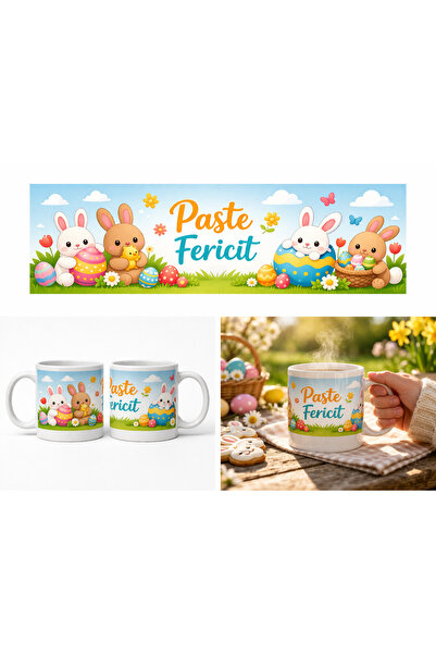 NO BRAND Happy Easter mug with spring flowers and painted eggs - minimalist gift