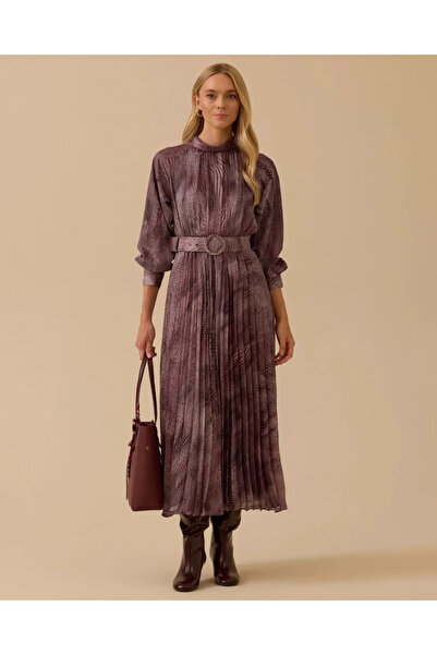 SEÇİL YENİ KADIN kemerli desenli pliseli elbise 10002521311015