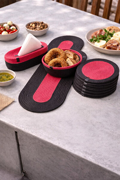 KRAFTELLA طقم تقديم مكون من 9 قطع باللون الأسود الفوشيا - مفرش، سلة خبز، حامل...