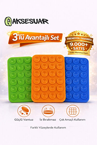 Q Aksesuar 3’lü Silikon Vakumlu Telefon Tutucu | Yapışkanlı Kaymaz Vantuzlu C...
