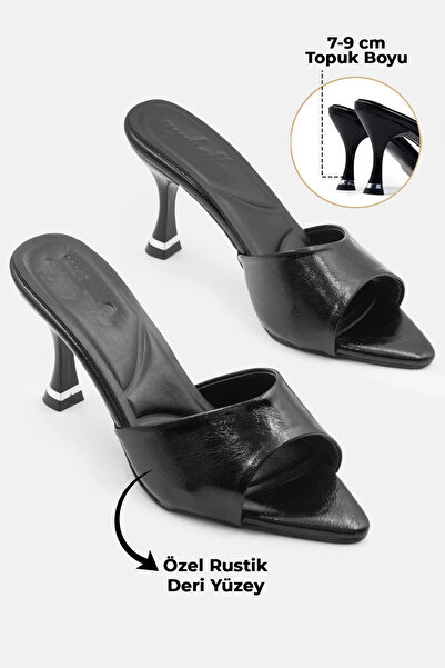 CARLA BELLA Γυναικείες παντόφλες με τακούνι Μαύρες λουστρίνι ρουστίκ υφασμάτι...