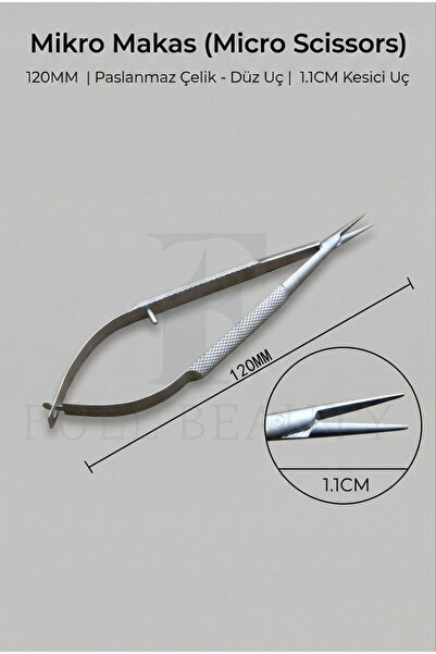Full Beauty Çelik Mikro Makas - 120 mm - 1.1 cm Düz Kesici Uç - Castroviejo T...