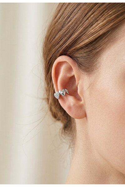 kurukafagift Sıkıştırmalı Deliksiz Earcuff Kıkırdak Küpe Kalp Figürlü Taşlı