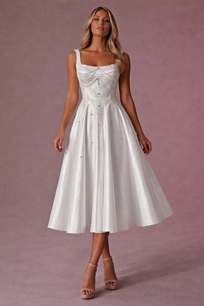 MEDUSA Callista Midi Boy Beyaz Dantel Detaylı İncili Nikah After Party Abiye ...