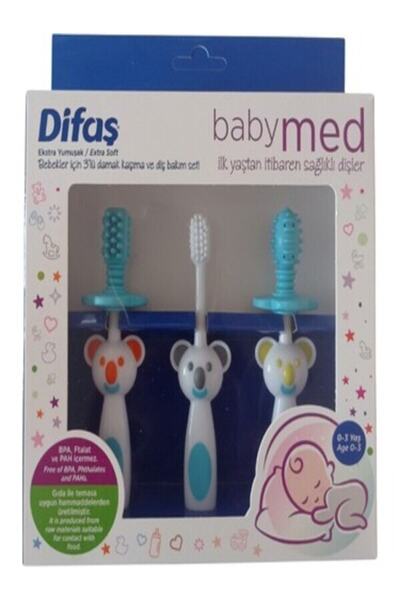 Difaş Babymed 3-Piece Palate Scratching and Dental Care Set Blue