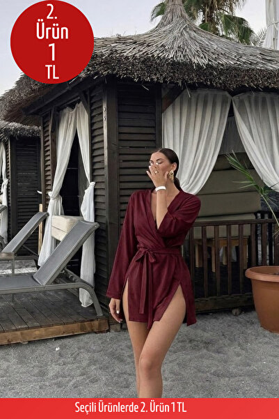 COMBİNE MİCHAİL Kadın Straight Fit Basic Bordo Mini Kimono