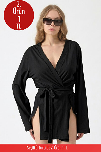 COMBİNE MİCHAİL Kadın Plaj Giyim Rahat Kuşaklı Siyah Kimono