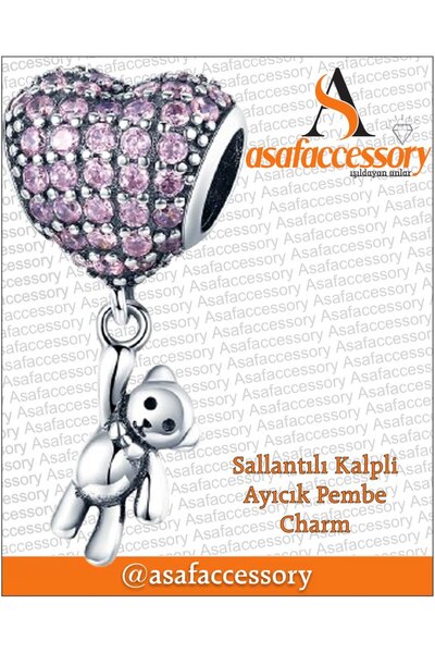 asaf Ayıcık sallantılı pembe taşlı balon charm | gümüş kaplama
