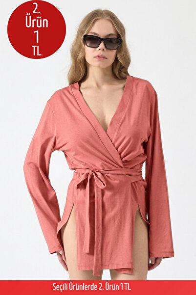 COMBİNE MİCHAİL Kadın Plaj Giyim Rahat Kuşaklı Pembe Kimono