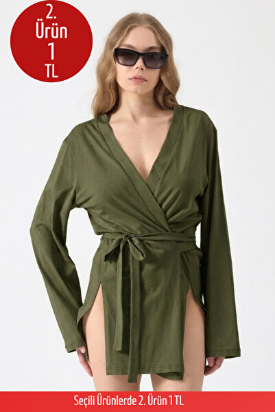 COMBİNE MİCHAİL Kadın Plaj Giyim Rahat Kuşaklı Haki Kimono