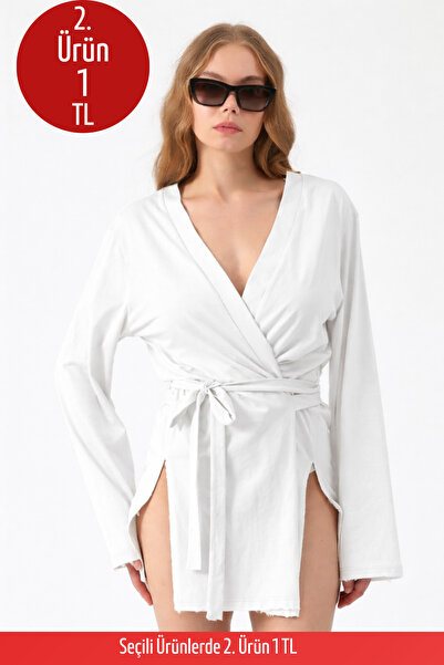 COMBİNE MİCHAİL Kadın Plaj Giyim Rahat Kuşaklı Beyaz Kimono