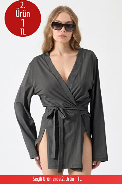 COMBİNE MİCHAİL Kadın Plaj Giyim Rahat Kuşaklı Füme Kimono