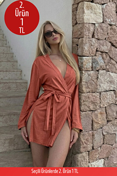 COMBİNE MİCHAİL Kadın Soft Pamuklu Kuşaklı Pembe Kimono