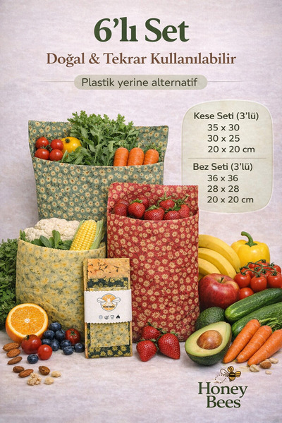 Home Doğal Balmumlu Gıda Saklama Kesesi, Streç Film Alternatifi 3'lü Kumaş Ke...